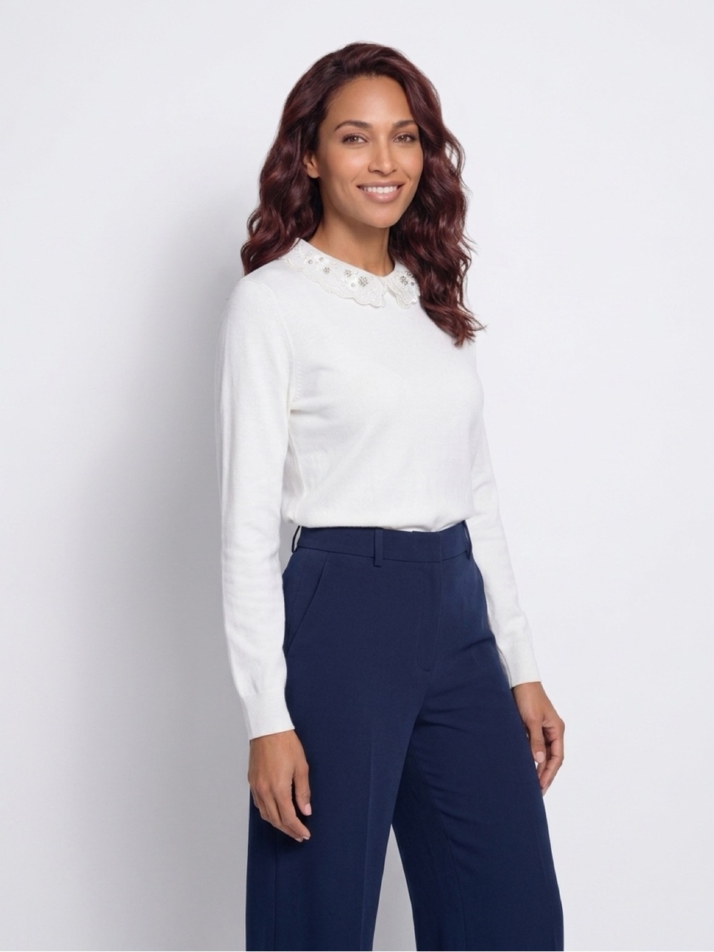 Women's White Embellished Collar Sweater Size XL